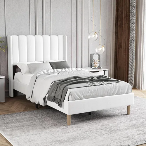 Miniatura 20 de Marco de Cama Tapizada de Plataforma Tamaño Full con Cabecero, Soporte de Listones de Madera Resistentes, No Necesita Somier, Montaje Fácil, Beige