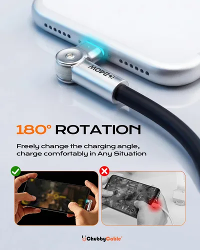 Miniatura 3 de chubbycable Chubby RotateX - Cable de carga rápida giratorio de 240 W, doble 180°, con luz LED, cable USB C de silicona suave, cable de carga extra