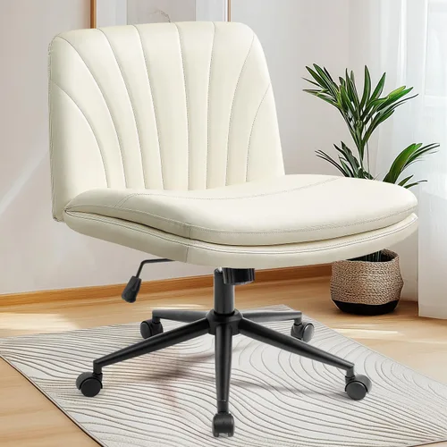 Miniatura 18 de NEO Chair Silla Criss Cross sin ruedas, sin brazos, con patas cruzadas, escritorio de oficina, silla ancha y cómoda de tocador para maquillaje, Beige