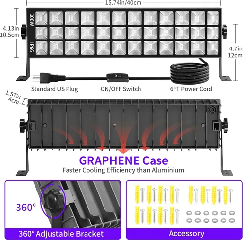 Miniatura 5 de Barra de Luz Negra de 100W IP66 Impermeable, Luz Negra LED con Enchufe+Interruptor+Cable de 6 pies, Luces Negras para Exteriores, Ilumina 1400 pies