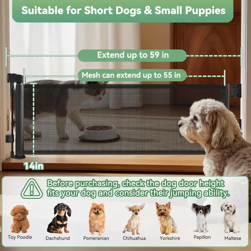 Miniatura 2 de Puerta corta para perro, puertas retráctiles para perros de 14 pulgadas de alto, puerta retráctil de malla para mascotas, extendida hasta 55