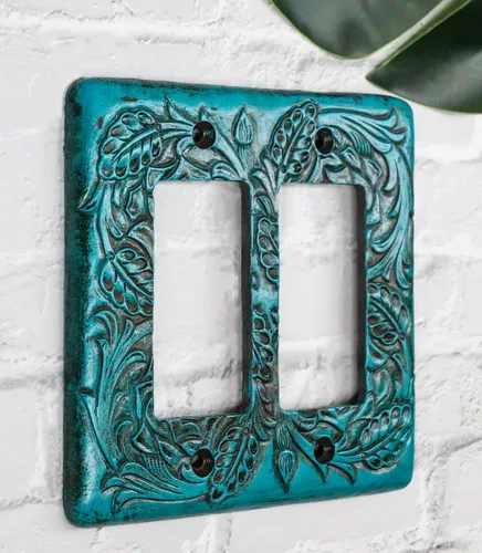 Miniatura 7 de Ebros Gift Juego de 2 rollos florales rústicos occidentales sobre fondo turquesa vintage, placa eléctrica de pared pintada a mano en 3D, accesorio