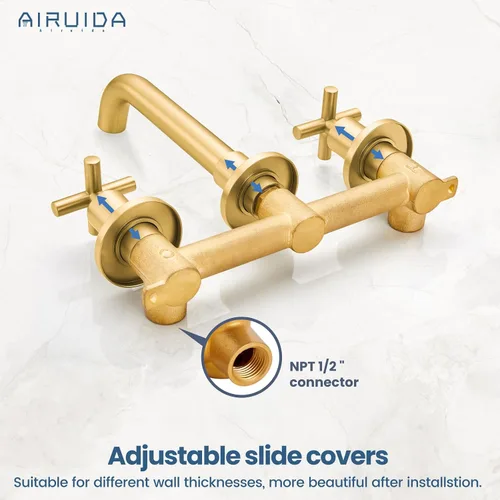 Miniatura 7 de Airuida Grifo de baño de latón macizo con boquilla giratoria 360 para lavabo montado en la pared, grifo mezclador de lavabo con válvula áspera y Oro