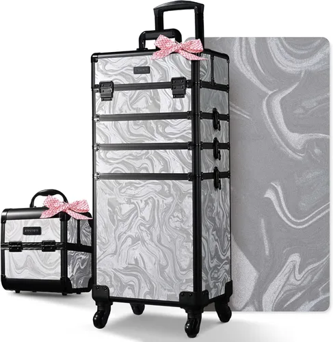 Miniatura 33 de BYOOTIQUE estuche rodante para maquillaje 4 en 1, con cerradura, maletín tipo trolley para cosméticos, con 4 ruedas extraíbles, organizador de viaje