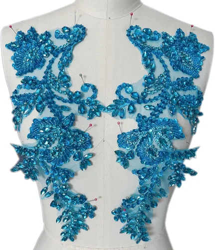 Miniatura 6 de Apliques de cuentas y diamantes de imitación hechos a mano para coser en parche de encaje de cristal, 1 par para ropa de bricolaje, vestido de Plata