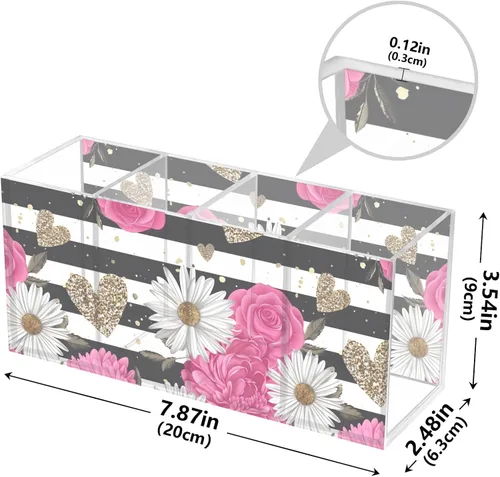 Miniatura 3 de Cute Pencil Cups for Desk, Black and White Striped Rose Daisy Pen Holders Marker Organizer, Acrylic Hair Brush Holder 4 Compartments for Home, Black