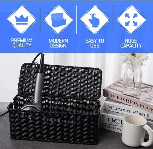 Miniatura 4 de Caja de organización de cables, organizador de cables de ratán hecho a mano con 2 ranuras abiertas, organizador de cables para regleta de Negro