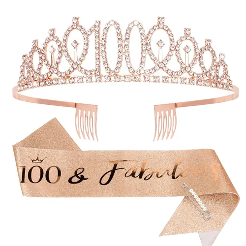 CIEHER Juego de corona de cumpleaños número 100, banda + perla, fabulosos regalos de cumpleaños número 100 para mujeres, suministros de fiesta de