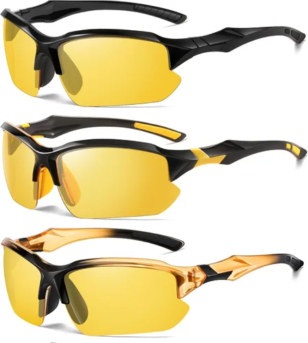 Paquete de 3 lentes polarizados de visión nocturna para hombres, conducción, ciclismo, deporte, noche, antirreflejos, lentes amarillas, marco ligero