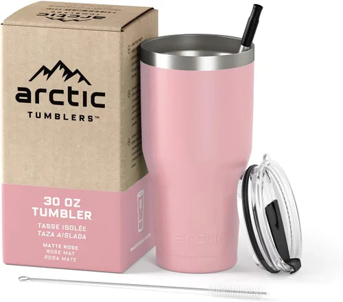 | Vaso aislado de 30 onzas color rosa claro con pajita y limpiador - Mantiene la temperatura hasta 24 horas - Tapa a prueba de derrames, tecnología