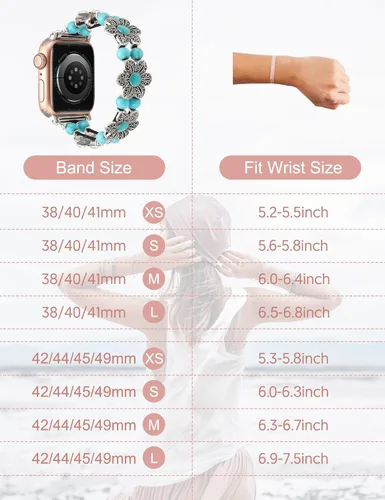 Miniatura 3 de Wearlizer Compatible con Apple Watch Band de 38/40/41/42/44/45/1.929 in para mujer, pulsera elástica con cuentas turquesa bohemia hecha a mano