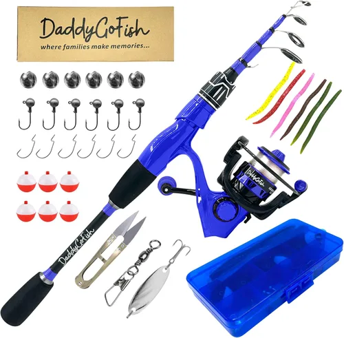 DaddyGoFish Juego combinado de caña de pescar y carrete giratorio con caja de aparejos | Caña de pescar para niños | Kit de caña de pescar