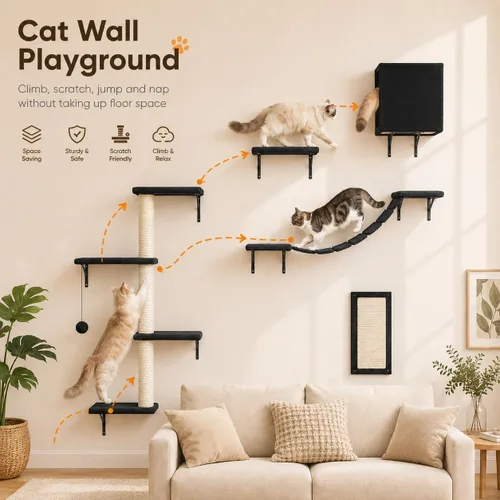 Miniatura 2 de Muebles modernos para gatos montados en la pared, 5 estantes de pared para gatos, escalador de madera incluye casa, puente, árbol, escalones