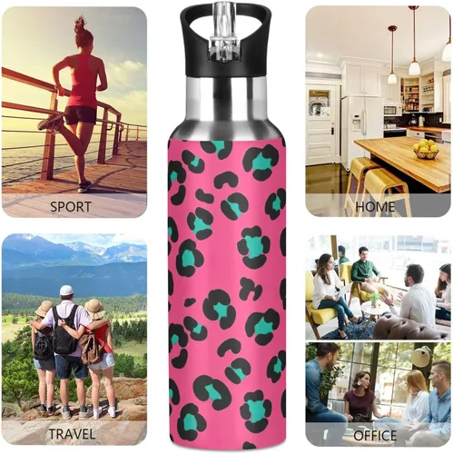 Miniatura 5 de Leopard Spots Pink Stainless Steel Water Bottle 32 Oz, BPA-Free Sports Water Bottle with Straw Leakproof Water Bottles