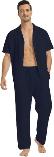 Miniatura 7 de RPOVIG Conjunto de camisa de lino y pantalones: conjuntos de lino de 2 piezas para hombre, camisas de manga corta, pantalones de yoga, trajes