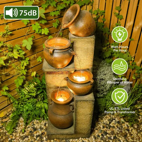 Miniatura 6 de Bumilgar Fuente de Agua para Patio de 53" de Alto - Las 4 Tinajas Decorativas Modernas en Cascada, Fuentes de Jardín y Cascadas con Luces Cálidas