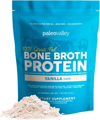 Paleovalley Polvo de proteína de caldo de hueso de res 100% alimentado con pasto, rico en péptidos de colágeno para el cabello, la piel, la salud