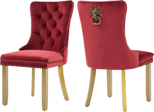 Miniatura 10 de Juego de 2 sillas de comedor de terciopelo, silla de comedor tapizada de alta gama con tirador de anillo en la espalda, adorno de clavos y patas