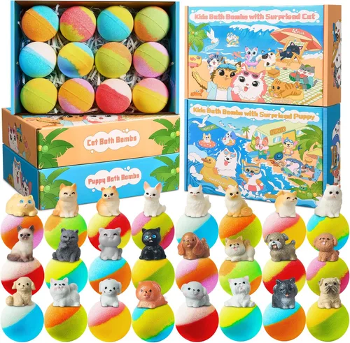Bombas de baño para niños con sorpresas en el interior, paquete de 24 bombas de baño para niños con juguetes de perritos y gatitos, bombas de baño