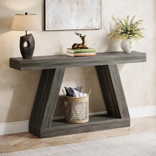 Miniatura 9 de Tribesigns Mesa consola de granja, mesa de sofá rústica de 55 pulgadas con almacenamiento, mesa de entrada de madera industrial para pasillo, sala
