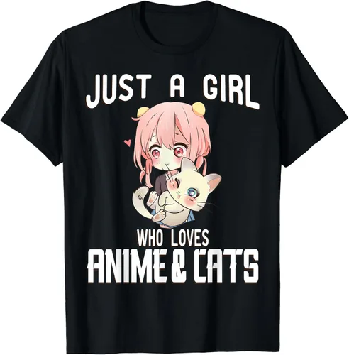 Camiseta Just a Girl Who loves Anime and Cats Lover for Teen, Negro, S