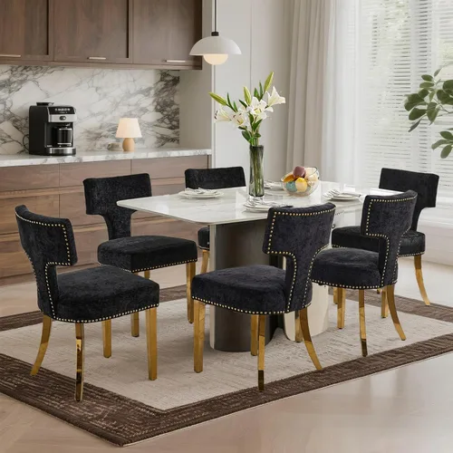 Miniatura 12 de SoarFlash Juego de 2 sillas de comedor modernas de madera, silla tapizada de tela de lino de granja, respaldo curvado con clavos de cobre alrededor
