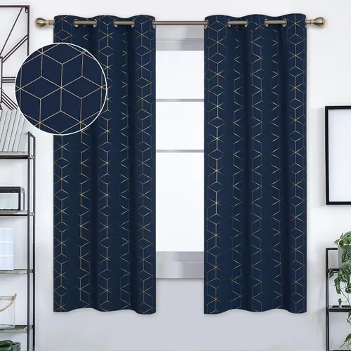 Miniatura 73 de Deconovo Cortinas opacas, aislamiento térmico y reducción de ruido, estampado de lámina de diamante – ojales en la parte superior, 2 paneles, Negro