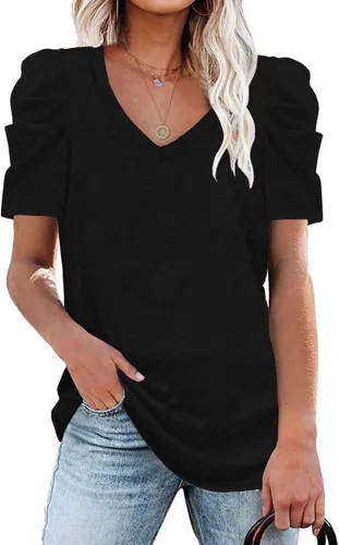 Miniatura 2 de Camiseta casual de verano con cuello en V para mujer, manga abombada, fruncida, elegante