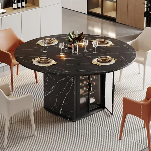 IBF Mesa de comedor redonda con almacenamiento, mesas de cocina de mármol sintético negro para 4-6 personas, mesas de comedor modernas de 47