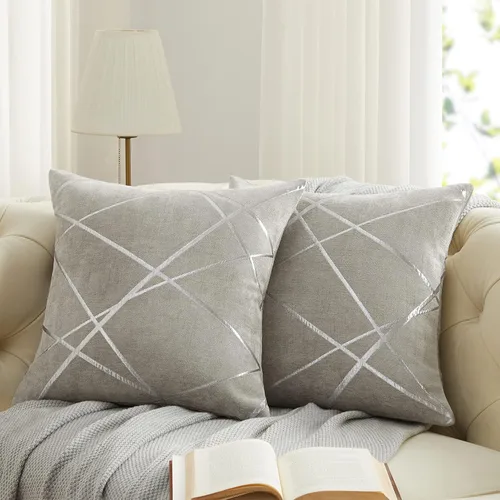 Miniatura 11 de GIGIZAZA - 2 paquetes de fundas de cojín de chenilla con rayas plateadas de jacquard para decoración de sofá