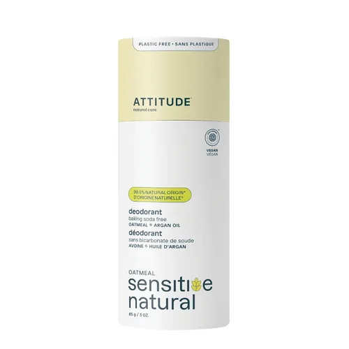 ATTITUDE Desodorante sin bicarbonato de sodio para pieles sensibles con avena y aceite de argán, verificado por EWG, sin aluminio, sin plástico, 3