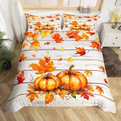 Miniatura 31 de Erosebridal Juego de funda de edredón individual de pavo de Acción de Gracias, juego de ropa de cama de calabaza y hojas de otoño para niños