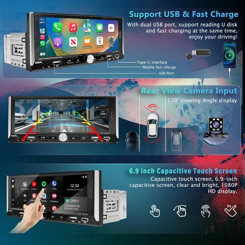 Miniatura 3 de Pantalla táctil de 6.9 pulgadas, radio estéreo para automóvil con Bluetooth, reproductor de unidad principal compatible con enlace de espejo, radio