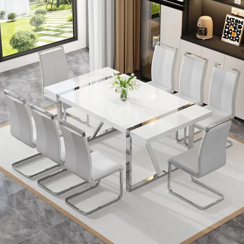 Miniatura 39 de Mesa de comedor Ebullient para 4, mesa de comedor rectangular negra de MDF, tapa de mesa de cena de mármol falso, mesa de comedor moderna con marco