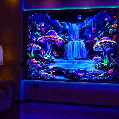 Miniatura 6 de Dermijer Tapiz de luz negra, tapiz de fantasía, bosque de hongos, tapices reactivos a los rayos UV, tapices de cascada, luna, noche, neón, flores