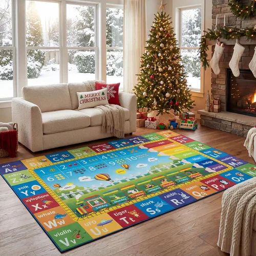 Miniatura 10 de Unirea Alfombra infantil de 5 x 7 pies para sala de juegos, dormitorio, aula, tapete de juego educativo lavable con alfabeto ABC, números, animales