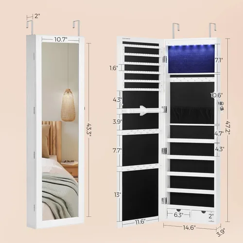 Miniatura 6 de Songmics - UJJC93W - Armario para joyas que se puede cerrar con llave, de montaje en pared o puerta, con espejo de 6 luces LED, para organización