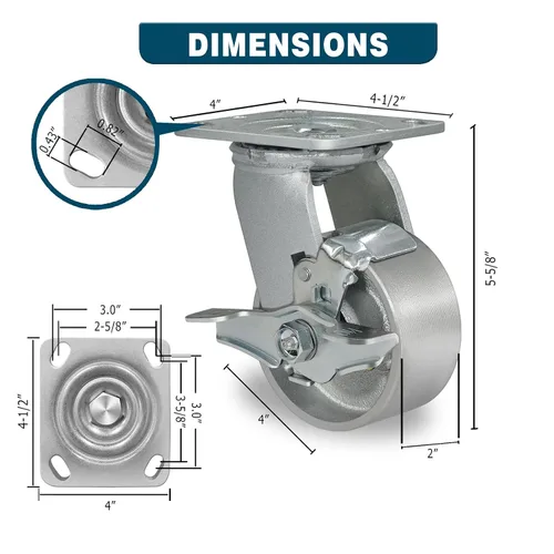 Miniatura 2 de Ruedas giratorias de 4" x 2", Ruedas industriales de servicio pesado, Ruedas giratorias con freno con rodamiento de rodillos - Ruedas de hierro
