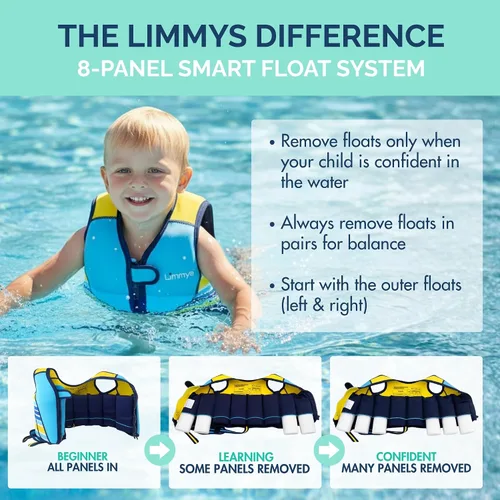 Miniatura 5 de Limmys Chaleco de natación para niños pequeños y niños, ayuda de natación de flotabilidad ajustable, certificado de seguridad CE, diseño galardonado