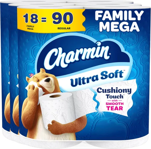 Charmin Papel higiénico Ultra Soft Cushiony Touch, 18 mega rollos familiares = 90 rollos regulares