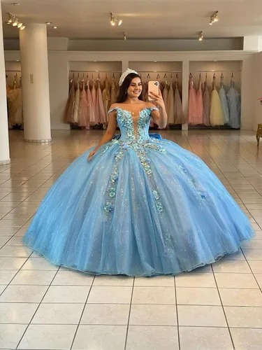 Miniatura 4 de Mauuwy Vestidos de quinceañera de tul de lujo, vestido de baile hinchado brillante dulce 16 vestidos florales fuera del hombro vestido de graduación