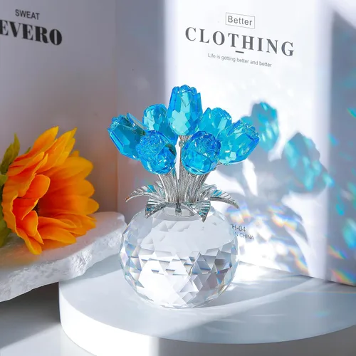 Miniatura 3 de Figura de cristal de rosa azul lago con jarrón, ramo de flores, adorno de regalo para esposa, novia, mujer, flor de cristal hecha a mano, decoración
