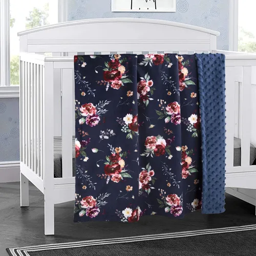 Miniatura 5 de BORITAR Manta de bebé para niñas, súper suave de doble capa de minky con respaldo punteado, manta azul oscuro con estampado floral de belleza, 30 x