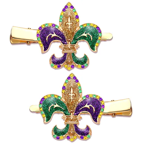Pinzas para el cabello de Mardi Gras para mujer, sombrero de bufón con purpurina, máscara de flor de lis, horquillas para el martes gordo de