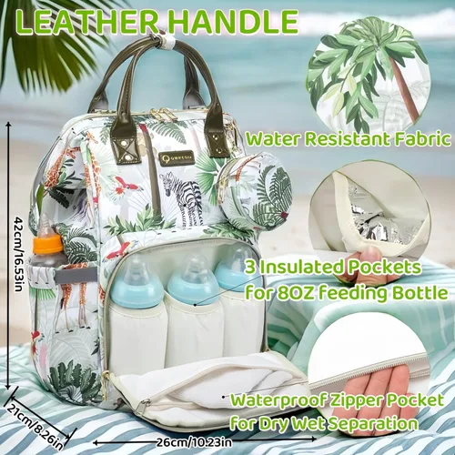 Miniatura 2 de Mochila para pañales de selva tropical, mochila para pañales con diseño de animales con bolsa para monedas, puerto de carga USB, correas para Blanco