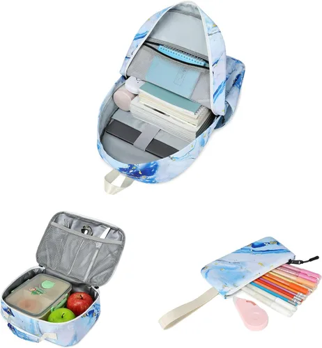 Miniatura 5 de Imyth Mochila para adolescentes y niñas, regalo escolar, bolsa de almuerzo, bolsa de lápices 3 en 1 (azul mármol)