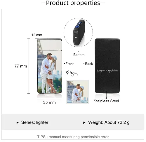 Miniatura 2 de Encendedor de fotos personalizado para hombres, encendedor recargable USB grabado para campamento, Navidad, día del padre, día de San Valentín Negro