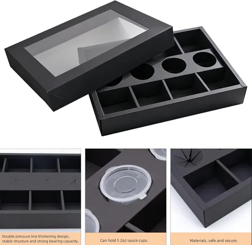Miniatura 4 de Caja de pastelería desechable de 8 compartimentos con tapas, 10 unidades, caja negra dividida para panadería con soporte para inmersión para 4-6