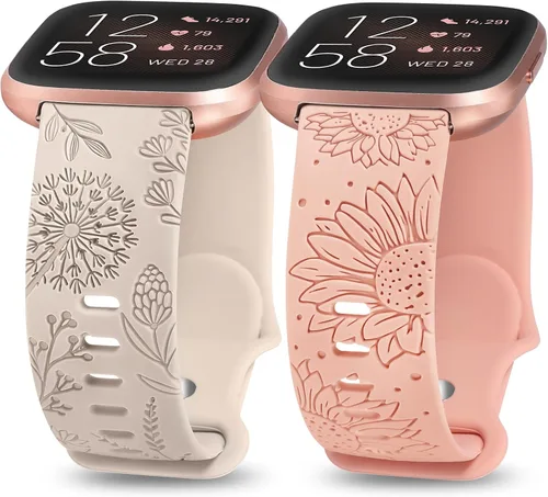 Minyee Paquete de 2 correas con grabado floral compatibles con Fitbit Versa 2/Fitbit Versa/Versa Lite para mujeres, linda correa deportiva de