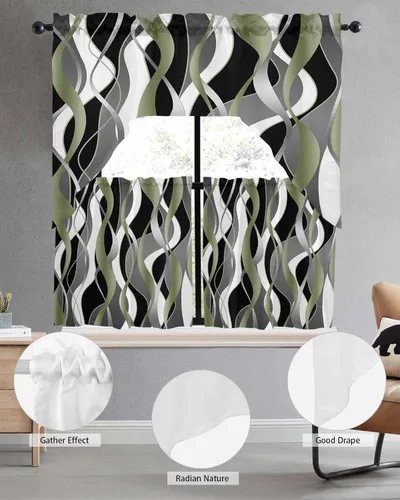 Miniatura 4 de Juego de 3 cortinas de cocina con cenefa a rayas verdes salvia, con bolsillo para barra, para dormitorio, sala de estar, baño, ventanas, modernas